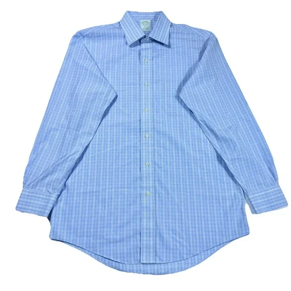 Brooks Brothers Dress Shirt Mens 15.5/32 Blue-White Check Milano No Iron Stretch - Picture 3 of 9